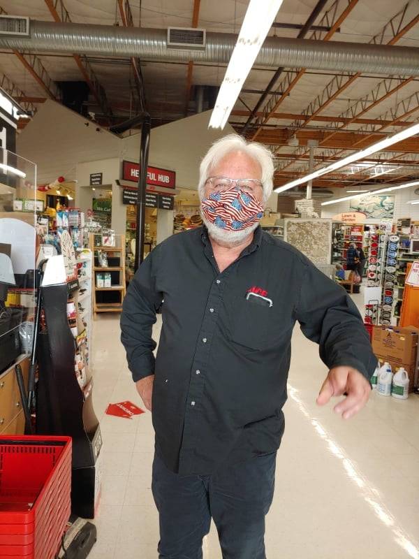 Photo provided
Larry Shorey, an employee at Ace Hardware in Freeland, wears a patriotic-themed mask made by Betty Lade.
