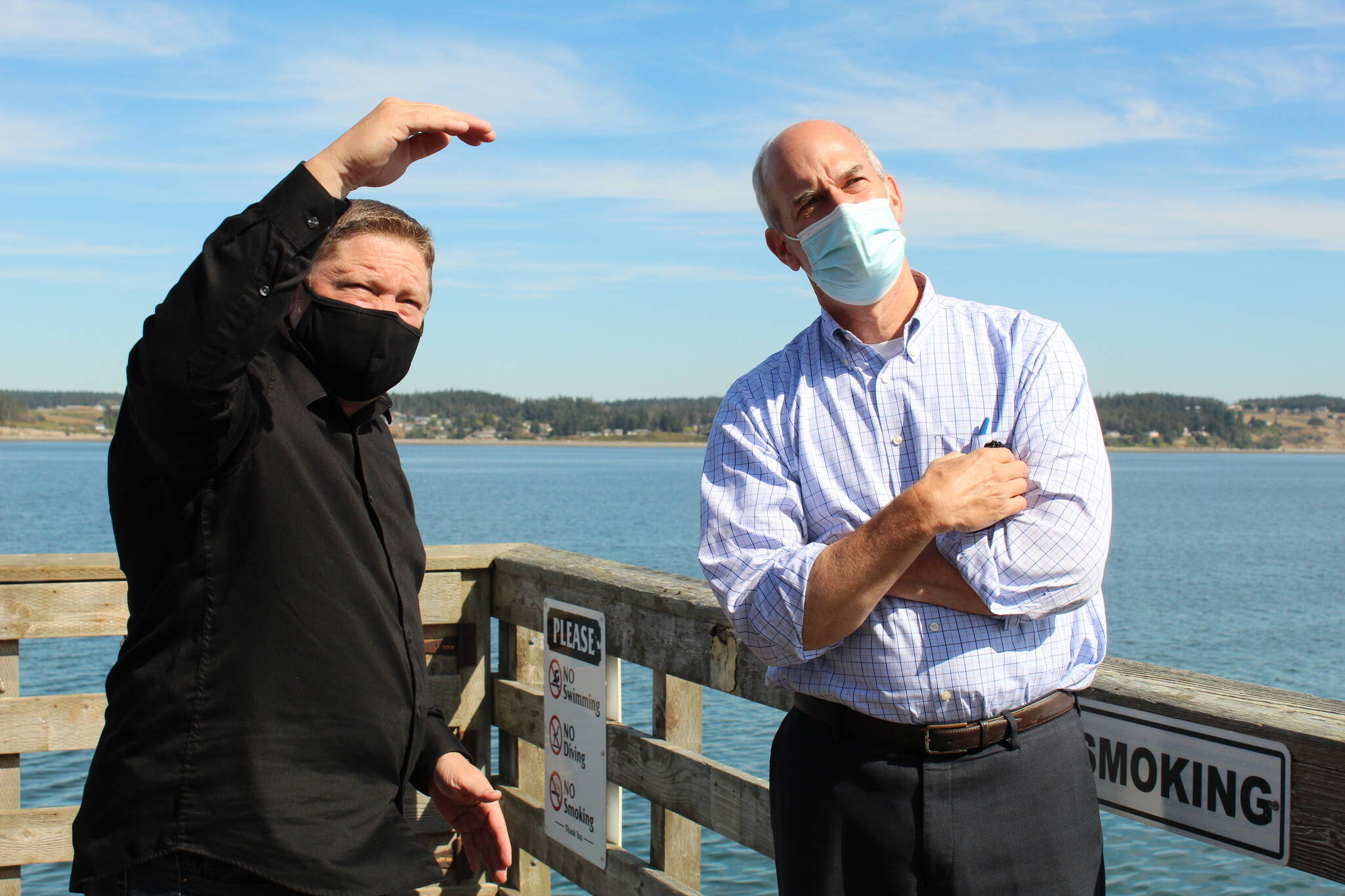 Photo by Karina Andrew/Whidbey News-Times
Rep. Rick Larsen and Chris Michalopoulos discuss upcoming upgrades to the Coupeville Wharf.
