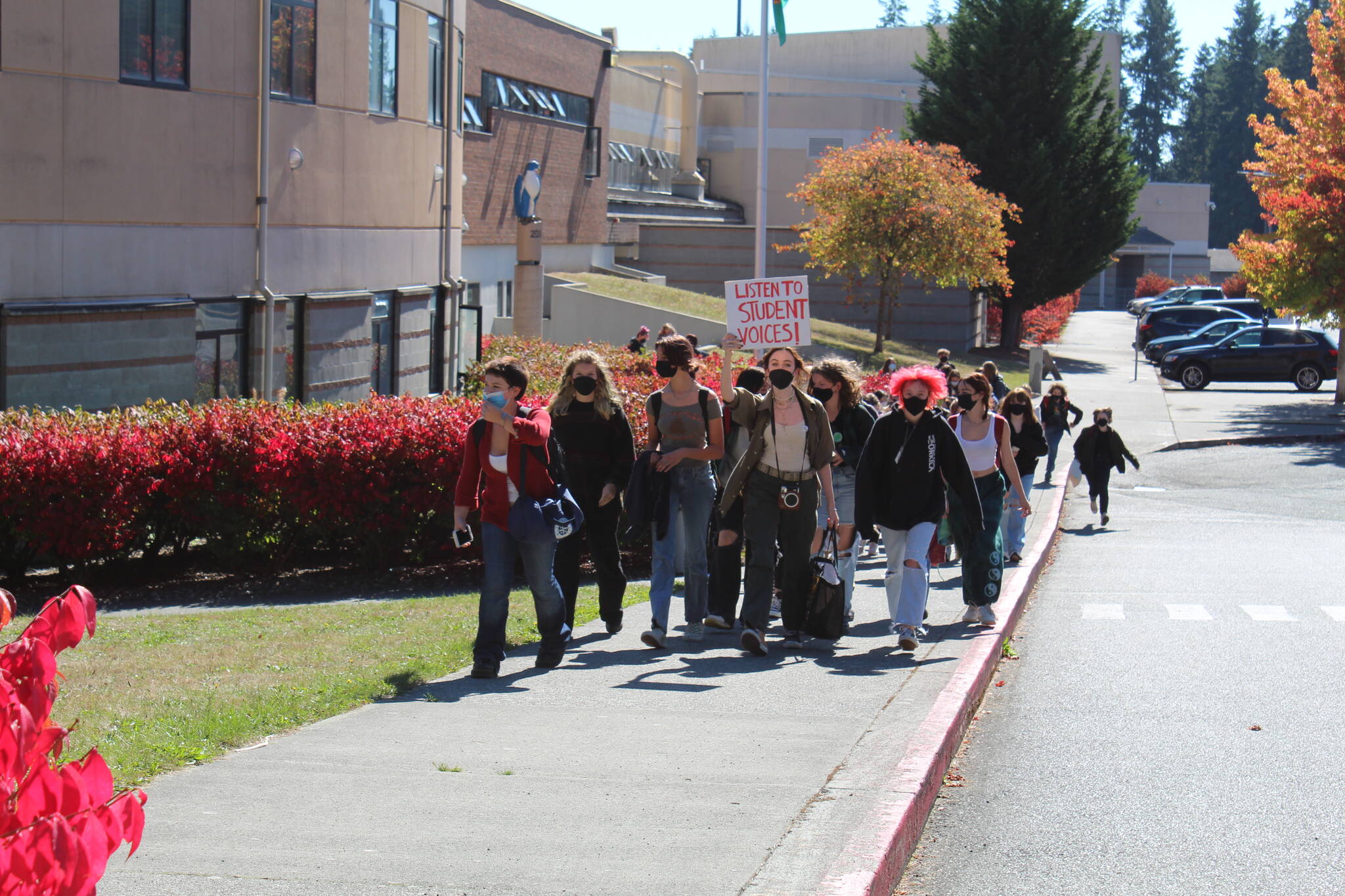 The first wave of students walks out of South Whidbey High School to protest inaction over climate change. (Photo by Karina Andrew/Whidbey News-Times)