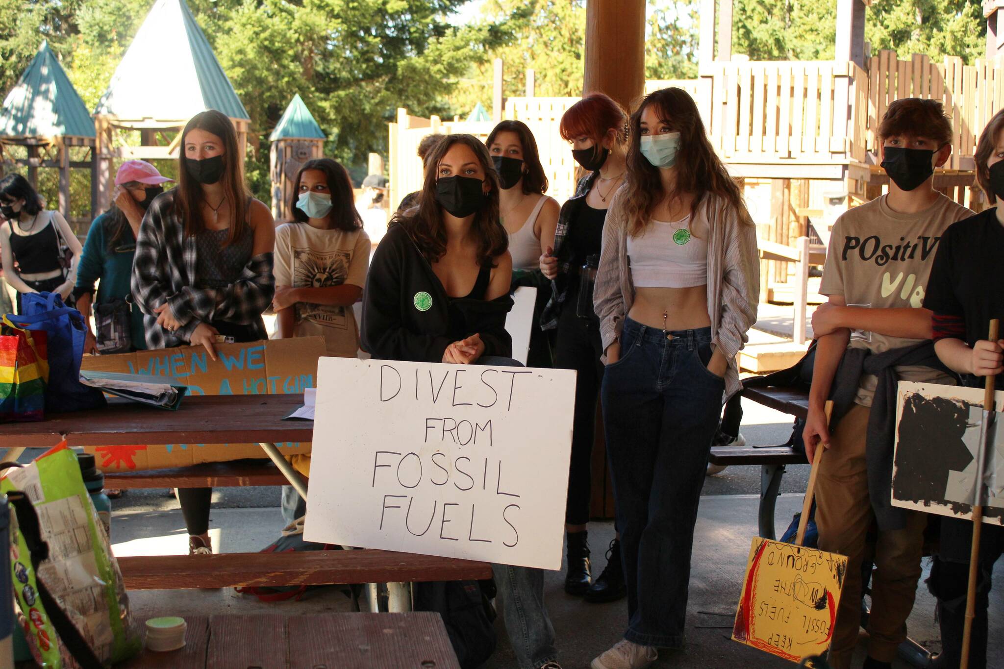 Students rally at Castle Park to demand climate action. (Photo by Karina Andrew/Whidbey News-Times)