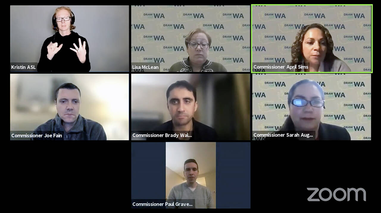The Washington State Redistricting Commission held a public meeting over Zoom on Monday night to draw the final legislative and congressional district boundaries. Most of the five-hour session was spent in caucus meetings, which were unavailable to the viewing public. (Washington State Redistricting Commission)