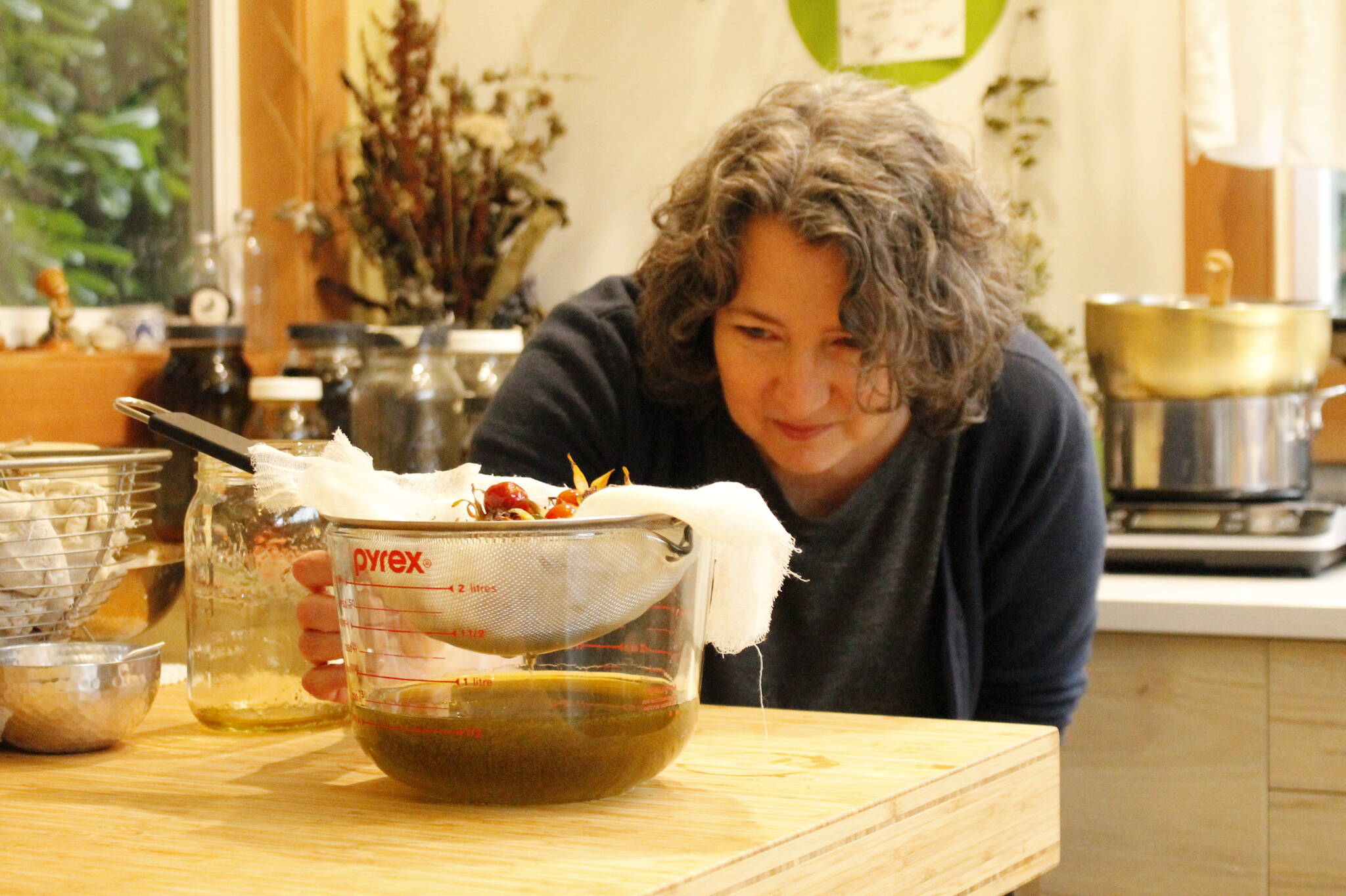Photos by Kira Erickson/South Whidbey Record
Herbalist Lori Kane checks the level of rosehip-infused oil. Her herbalism business is the newest branch of Silly Dog Studios.