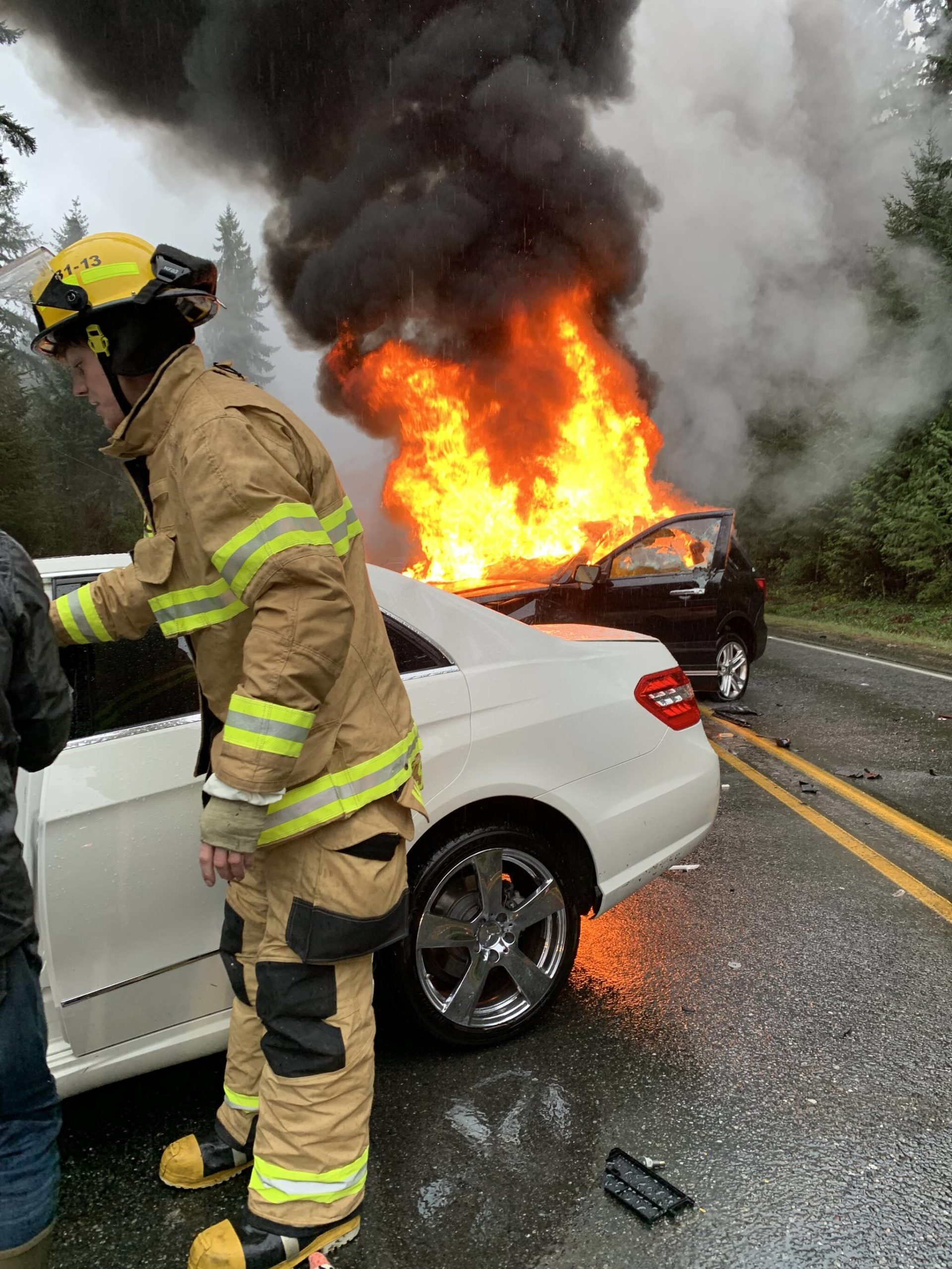 A fatal accident the afternoon of Dec. 18 near Clinton ended with one of the cars involved bursting into flames. The driver of the fully engulfed car was outside of the vehicle by the time first responders arrived at the scene. (Photo provided)