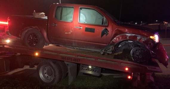 Oak Harbor Police photo
A pickup involved in a high-speed chase in Oak Harbor Sunday night was damaged when the suspect crashed into a tree.