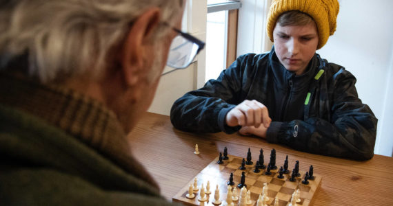 Photo by David Welton / Whidbey News Group
Seventh grader Connor Porter concentrates during a chess class by Mark Calogero.