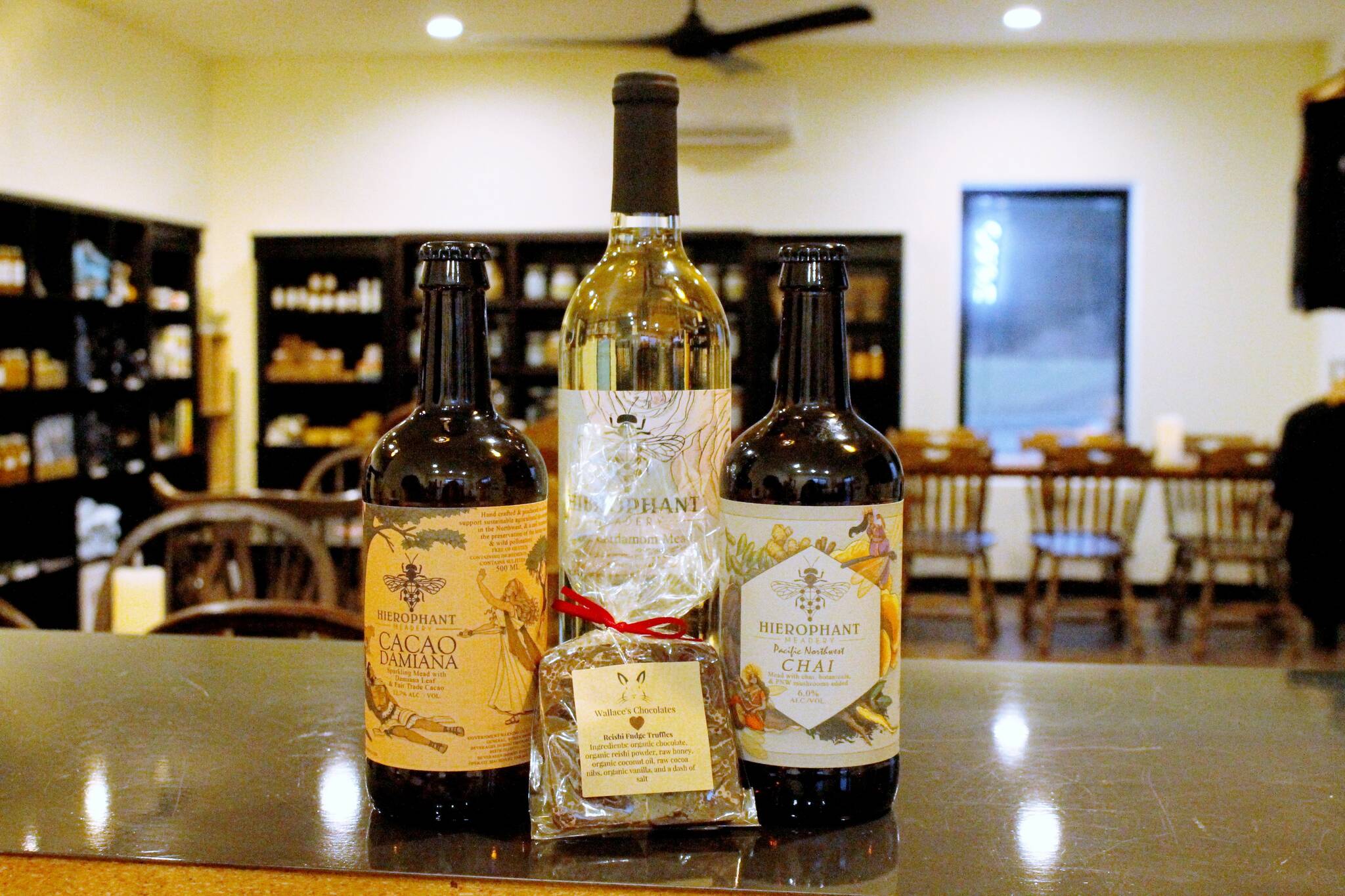 (Photo by Kira Erickson/South Whidbey Record) Cacao Damiana, Rose Cardamom and Pacific Northwest Chai are just a few flavors of mead currently being highlighted at Hierophant Meadery, a new stop on the Red Wine and Chocolates Tour this year.