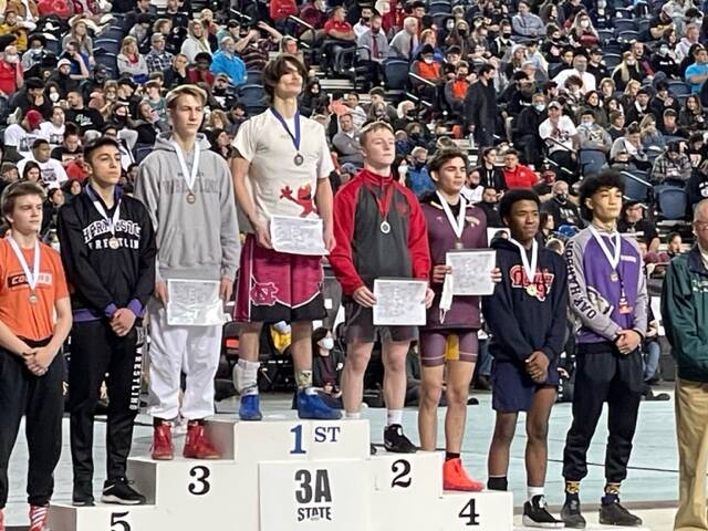 Photo provided
Cole Valdez, right, places eighth at the state wrestling tournament.