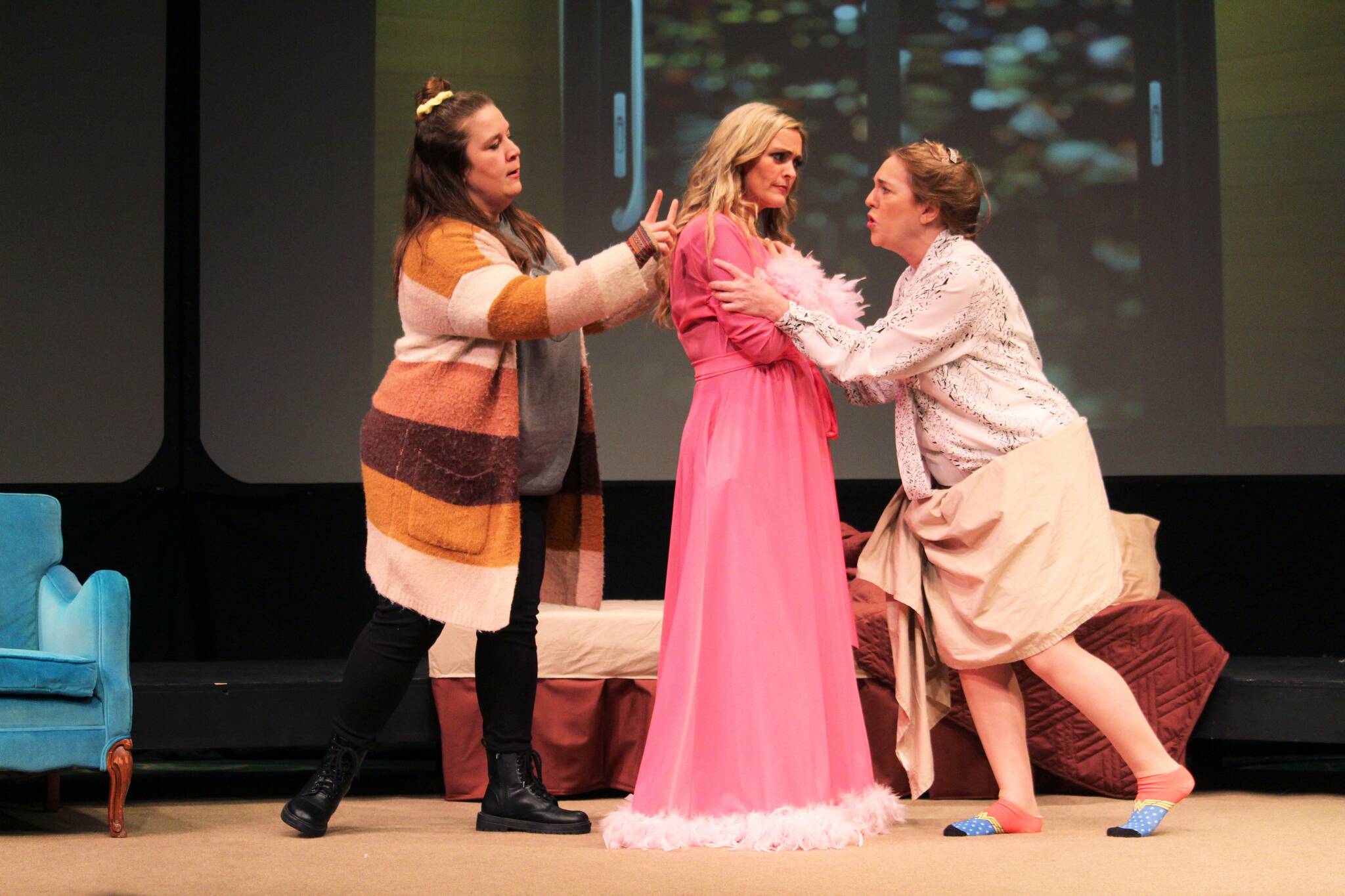 Photo by Karina Andrew/Whidbey News-Times
From left, Dianna Gruenwald, Abby Thuet and Tamra Sipes rehearse for the Whidbey Playhouse’s upcoming three-woman show, “The Taming.”