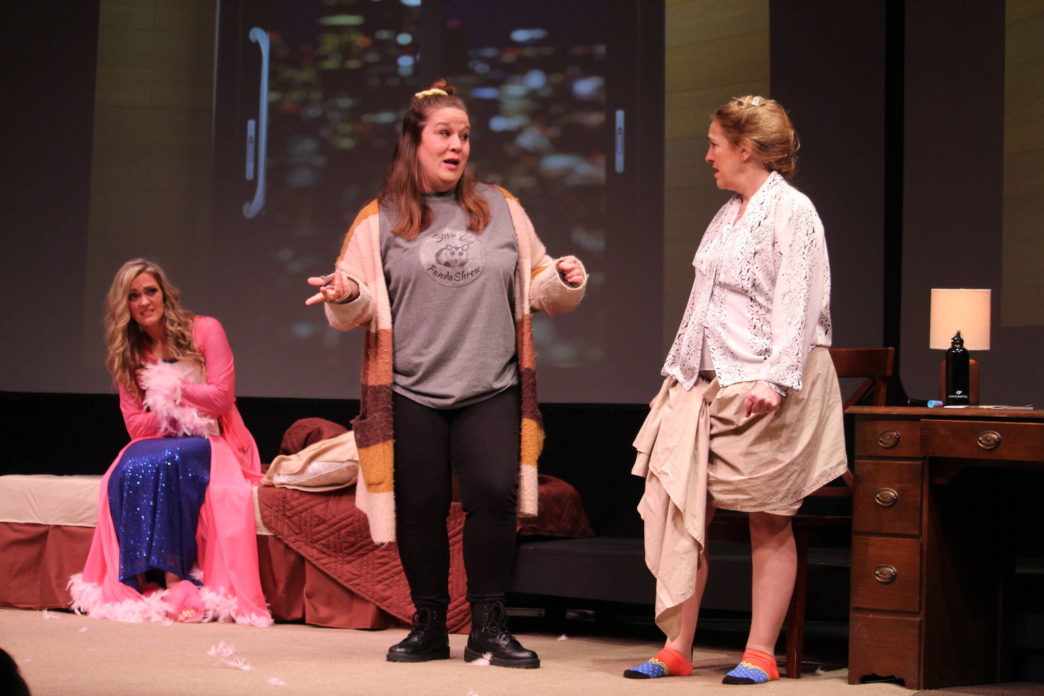 Photo by Karina Andrew/Whidbey News-Times
From left, Abby Thuet, Dianna Gruenwald and Tamra Sipes practice a scene from “The Taming.”