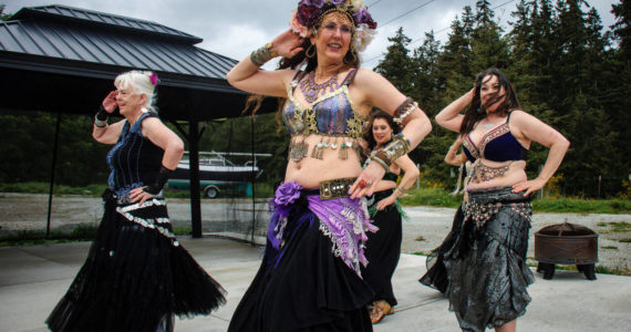 From left, Theresa DeLap, Aristana Firethorne, Theresa “Chandani” Ortega and Tessa Karno dance at Hierophant Meadery. (Photo by David Welton)
