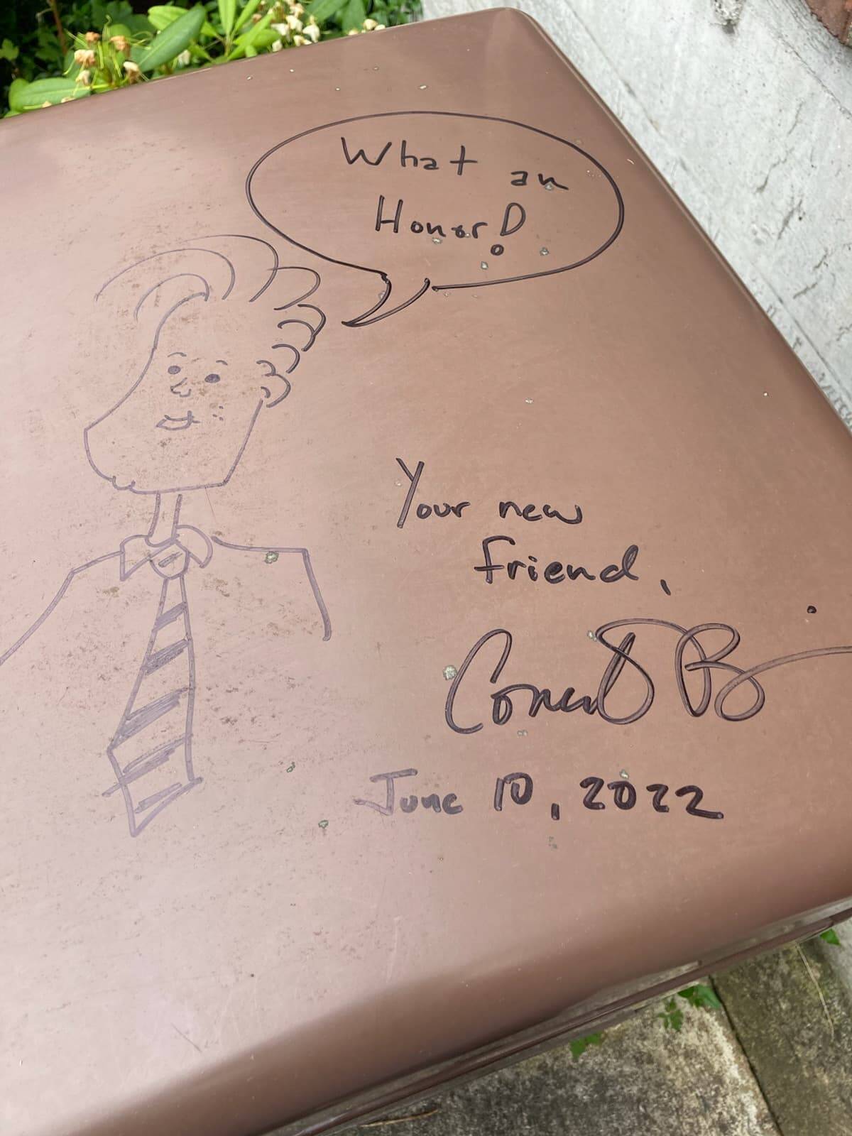 Photo by Craig Cyr
During his visit, Conan O’Brien dedicated a trash can outside of Langley City Hall.