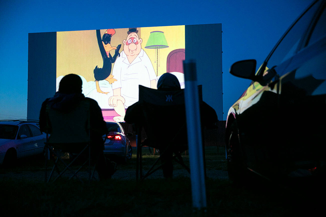 People sit in lawn chairs and watch a Looney Tunes short on Thursday, July 14, 2022, at the Blue Fox Drive-In Theatre in Oak Harbor, Washington. (Ryan Berry / The Herald)