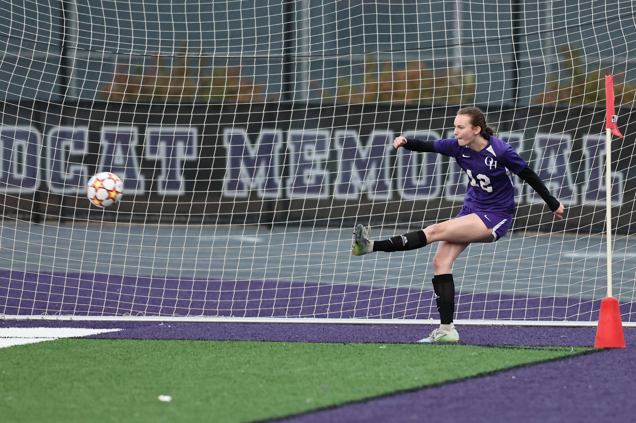 Photo by John Fisken
Carly Vangiesen scored on a corner kick in the second minute of play Thursday at Oak Harbor’s Wildcat Memorial Stadium. The Wildcat girls soccer team beat visiting Mount Vernon 3-1. Addisen Boyer scored the other two goals for the Wildcats.