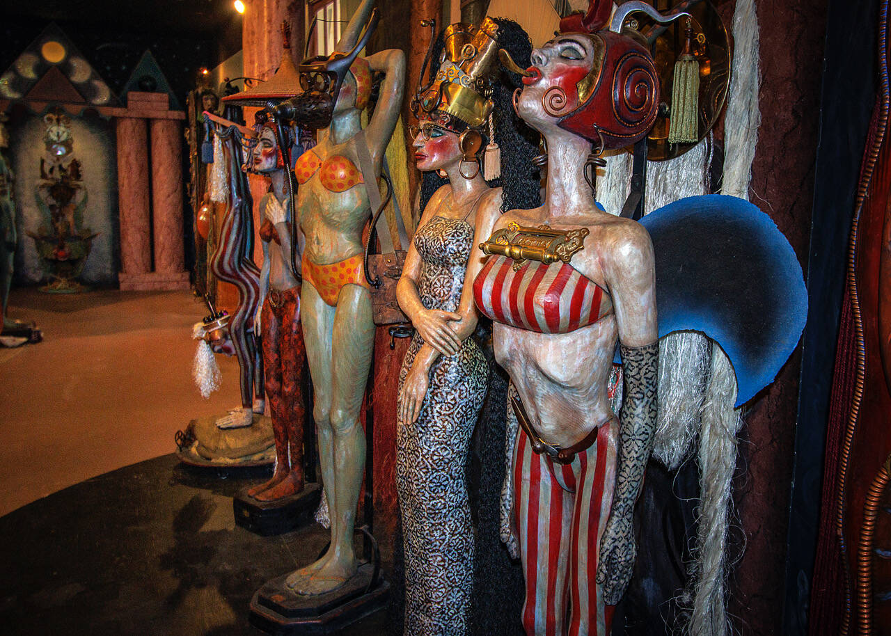 Some of Jerry Wennstrom’s most recent sculptures, which are fully recognizable figures of tall, slim women in various active states.