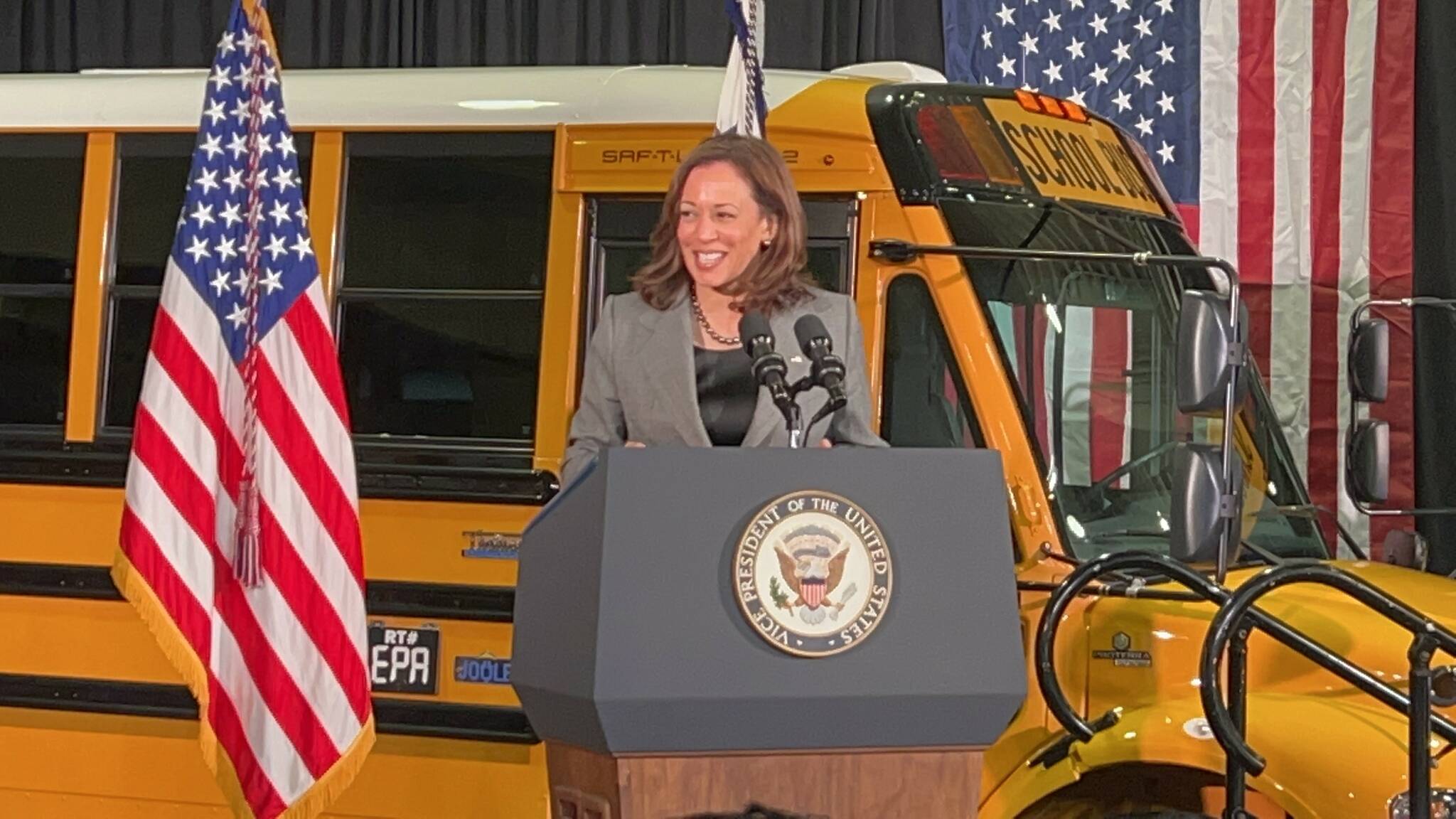 Vice President Kamala Harris announces the first allocation of $1 billion for zero- and low-emission school buses in the country.