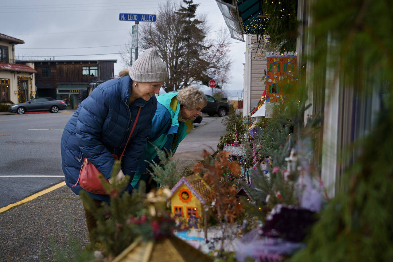 Photo by David Welton
Passersby in Langley pause to admire the Christmas village set up in front of Fair Trade Outfitters.