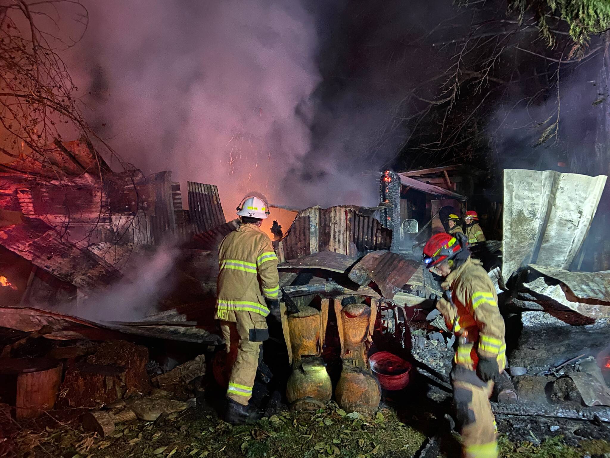 Photo provided
Firefighters battled a blaze early Friday morning at a burning South Whidbey workshop.