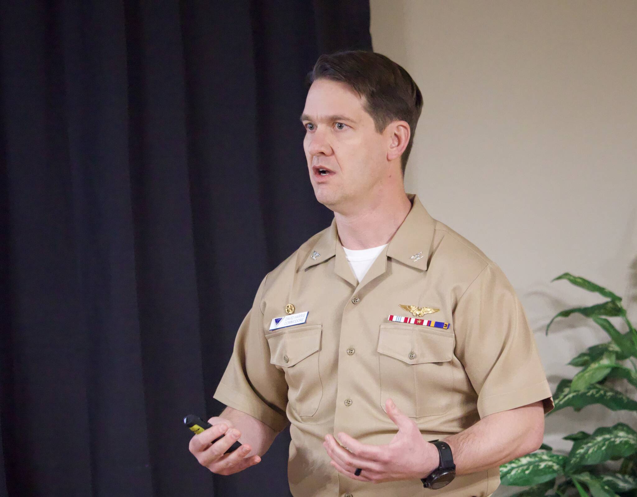Photo by Rachel Rosen/Whidbey News-Times
Commodore David Harris spoke at a Navy League meeting Tuesday.