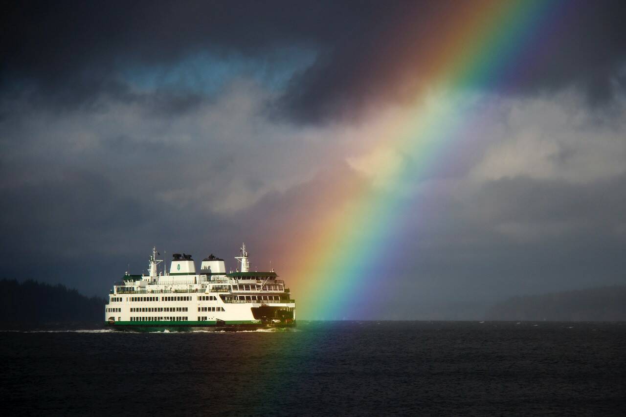A rainbow captured alongside the Suquamish ferry boat as it traversed the Clinton-Mukilteo route in January. (Photo by David Welton)