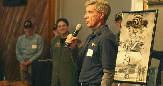 Photo by Karina Andrew/Whidbey News-Times
Former VA-115 member Jack Keegan speaks at a presentation on base commemorating the last crew from NAS Whidbey Island shot down during the Vietnam War.