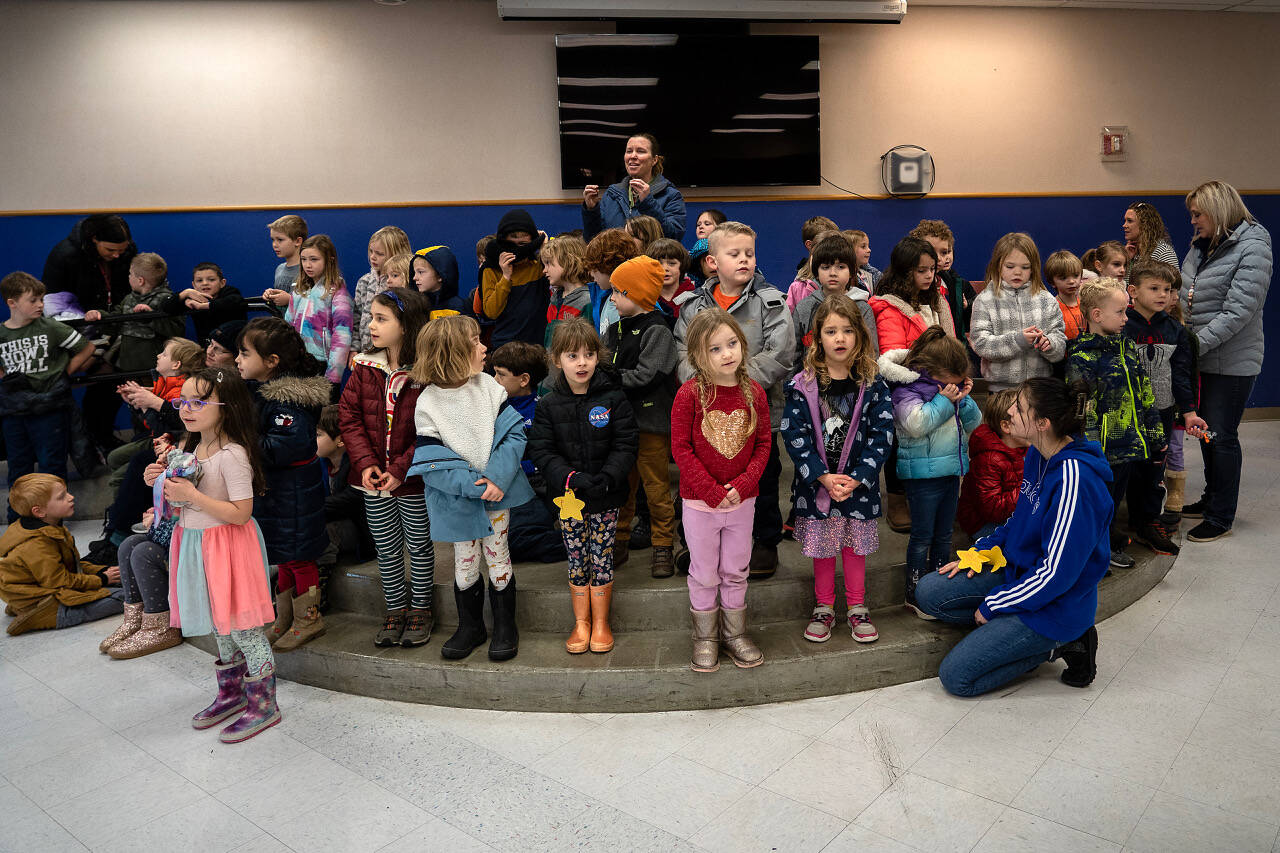 Photo by David Welton
Kindergarteners walked over to South Whidbey High School and sang a song after giving bracelets they made to seniors.