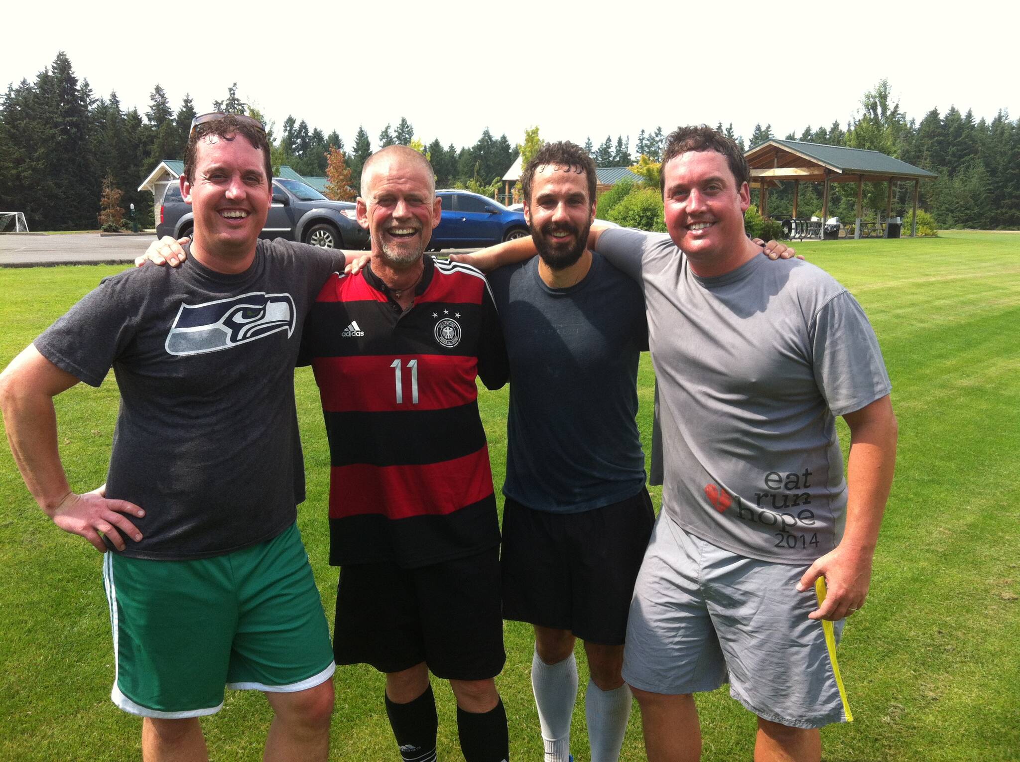 Photo provided
From left, James Traynor, Mark Helpenstell, Chris Layman and Joe Traynor play at the weekly pickup soccer game Helpenstell helped start in Langley.