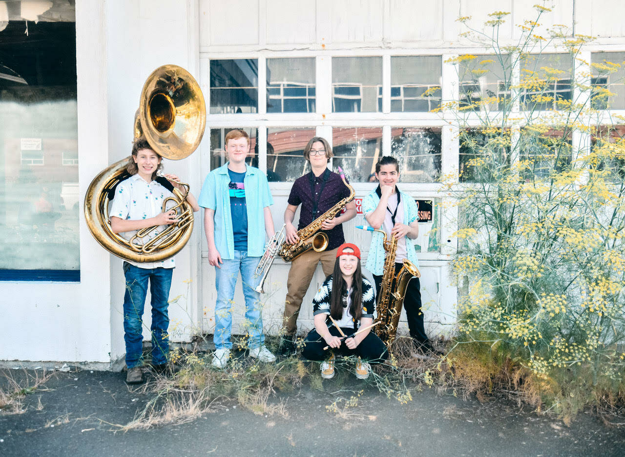 Photo by Genevieve Ramey
From left, Colton Gehring, Jake Bailey, Oliver Abercrombie, Mya Grymes and Ethan Tang play in Kick-Brass.
