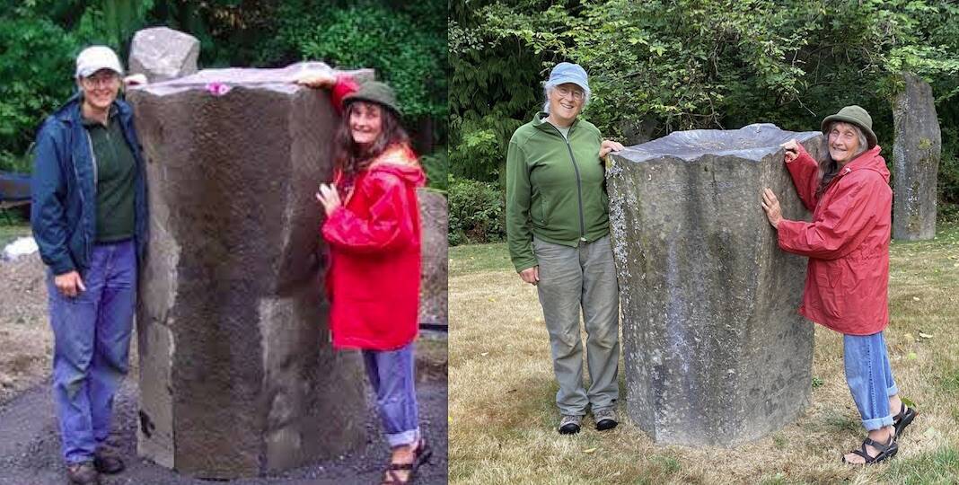 Photo provided
The freshly installed basalt column in 2006 (left) compared to the memorial stone in 2022, which has sunk nearly a foot since its installation.