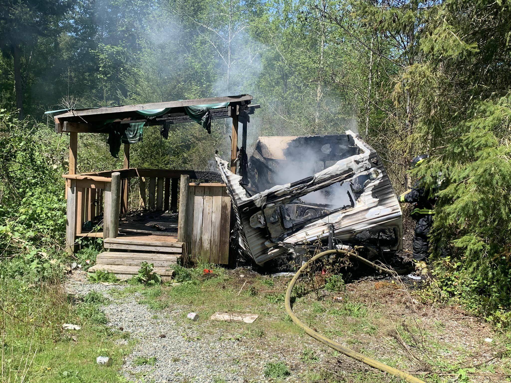 A travel trailer is destroyed in a fire on Central Whidbey May 9.
