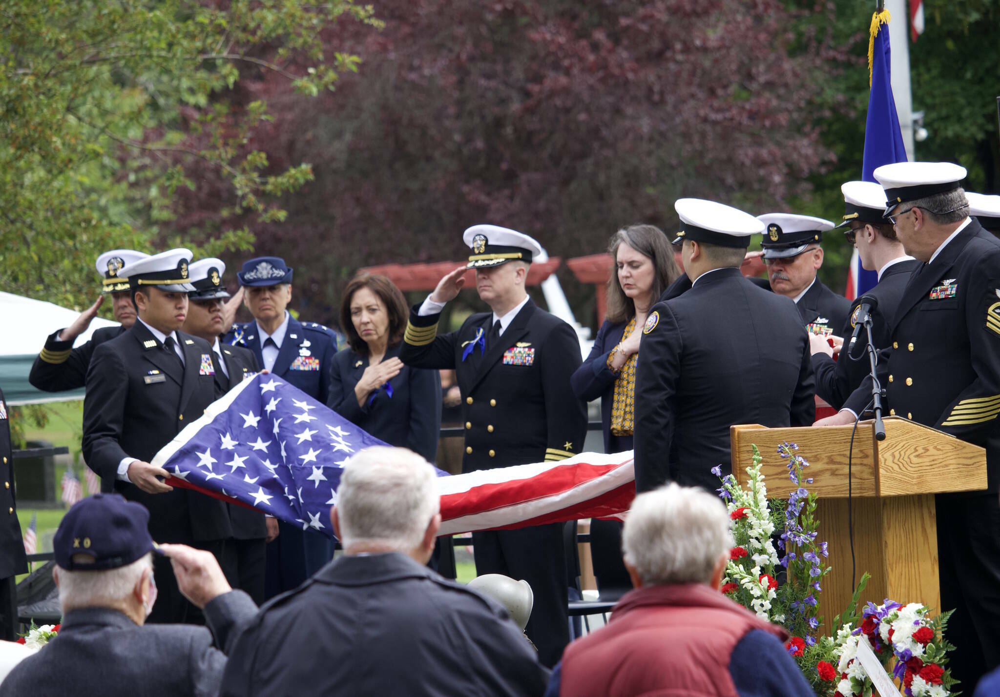 File photo by Rachel Rosen/Whidbey News-Times
Oak Harbor High School Naval Junior Reserve Officers Training Corps folds a flag at the 2022 Memorial Day Service of Remembrance at Maple Leaf Cemetery in Oak Harbor.