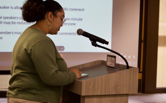 Photo by Rachel Rosen/Whidbey News-Times
Grace Jones speaks at Monday’s school board meeting.