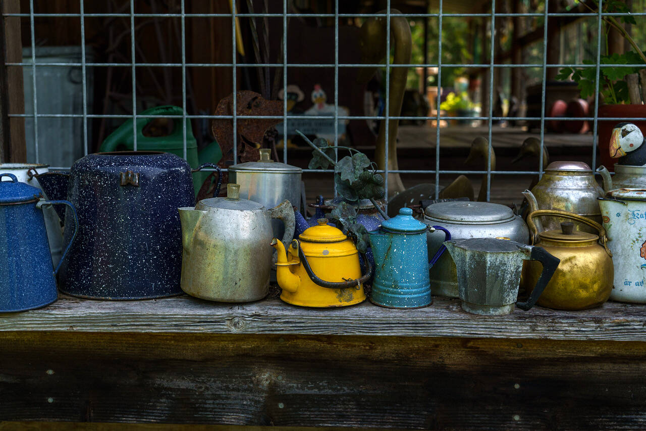 Photo by David Welton
A collection of coffee pots at Someday Farm.