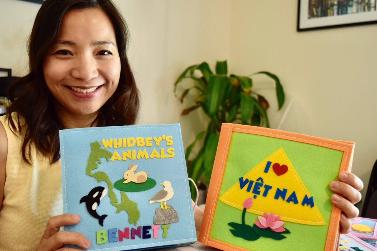 Photos by Patricia Guthrie
Originally from Vietnam, Hải Anh Vũs line of handmade felt books teach kids about cultural diversity, local animals and basic skills, recommended for ages 6 months to 5 years. Her books are for sale at Whidbey gift shops and online. She and her husband moved to Whidbey in 2020 to raise their two daughters.