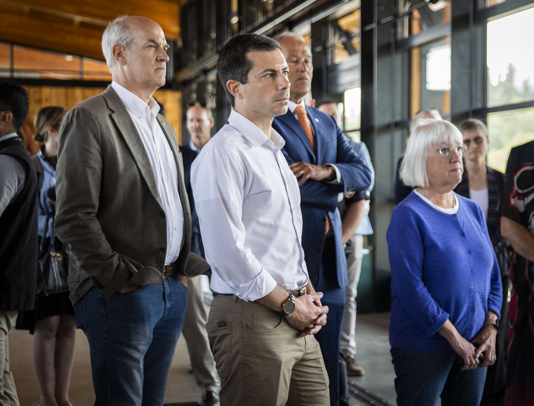 Olivia Vanni / The Herald
U.S. Transportation Secretary Pete Buttigieg is joined by U.S. Representative Rick Larsen, Governor Jay Inslee and Sen. Patty Murray while they listen to discussion about federal funds and State Ferries.