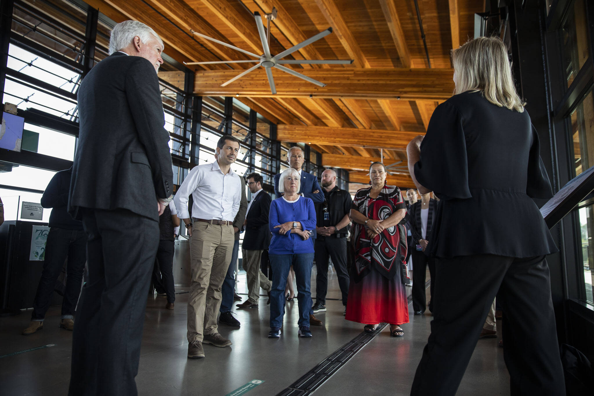 U.S. Transportation Secretary Pete Buttigieg, U.S. Representative Rick Larsen, Washington Govenor Jay Inslee, Senator Patty Murray and Tulalip Tribes Board of Directors Chair Teri Gobin tour the Mukilteo Ferry Terminal on Thursday, July 6, 2023 in Mukilteo, Washington. (Olivia Vanni / The Herald)