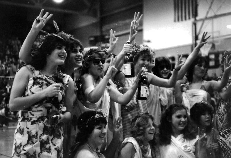 Photo provided
Toga parties were all the rage following the release of the 1978 film “Animal House,” and students from South Whidbey High School’s class of 1983 dressed for the occasion during a sporting event in the gym. Bottom row, from left, Sharon Eickoff, Kerry van der Veen, Jessica Jones and Janine Clausen Hauser. Back row, far right, is Jennifer Good.