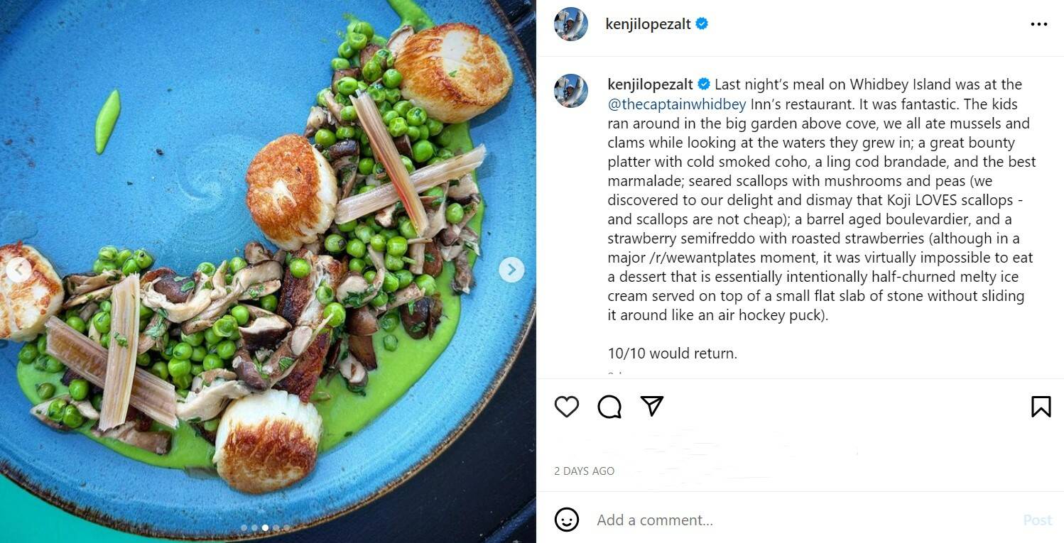 López-Alt’s post on Instagram, showing the seared scallops with mushrooms and peas served at Captain Whidbey.