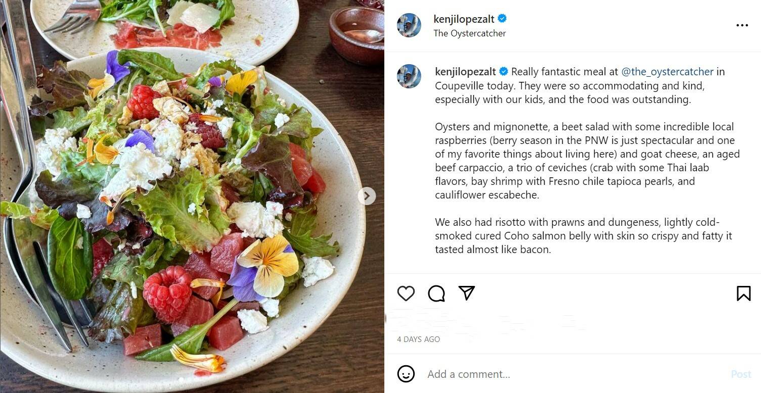 López-Alt’s post about his experience at The Oystercatcher. The dish on the left is a beet salad with goat cheese and raspberries.