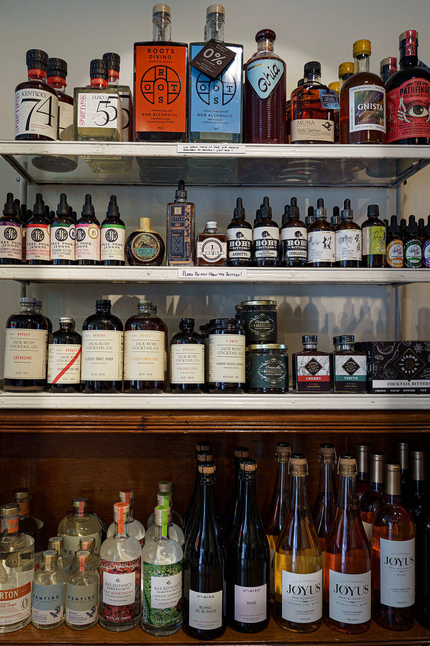 A variety of nonalcoholic spirits are for sale at SugarPill. (Photo by David Welton)