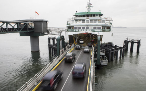 Cars drive onto the ferry at the Mukilteo terminal on Monday, Nov. 1, 2021 in Mukilteo, Wa. (Olivia Vanni / The Herald)