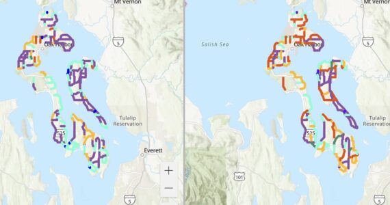 The Island County maps show the existing speed limits, to the left, and the proposed speed limits. Dark blue is 25 mph, green is 30 mph, turquoise is 35 mph, orange is 40 mph, red is 45 mph and purple is 50 mph.