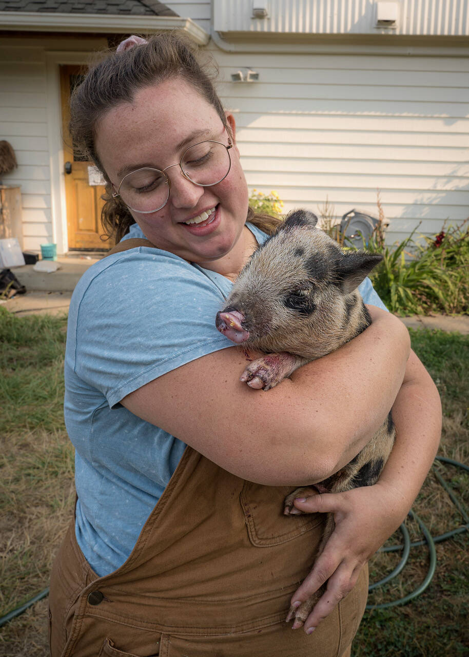 Wright cuddles the Instragram-famous Petunia the pig, who lives at Ballydidean Farm Sanctuary.