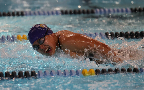 Photo by John Fisken
Lola Chargualaf swims at a meet earlier this year.