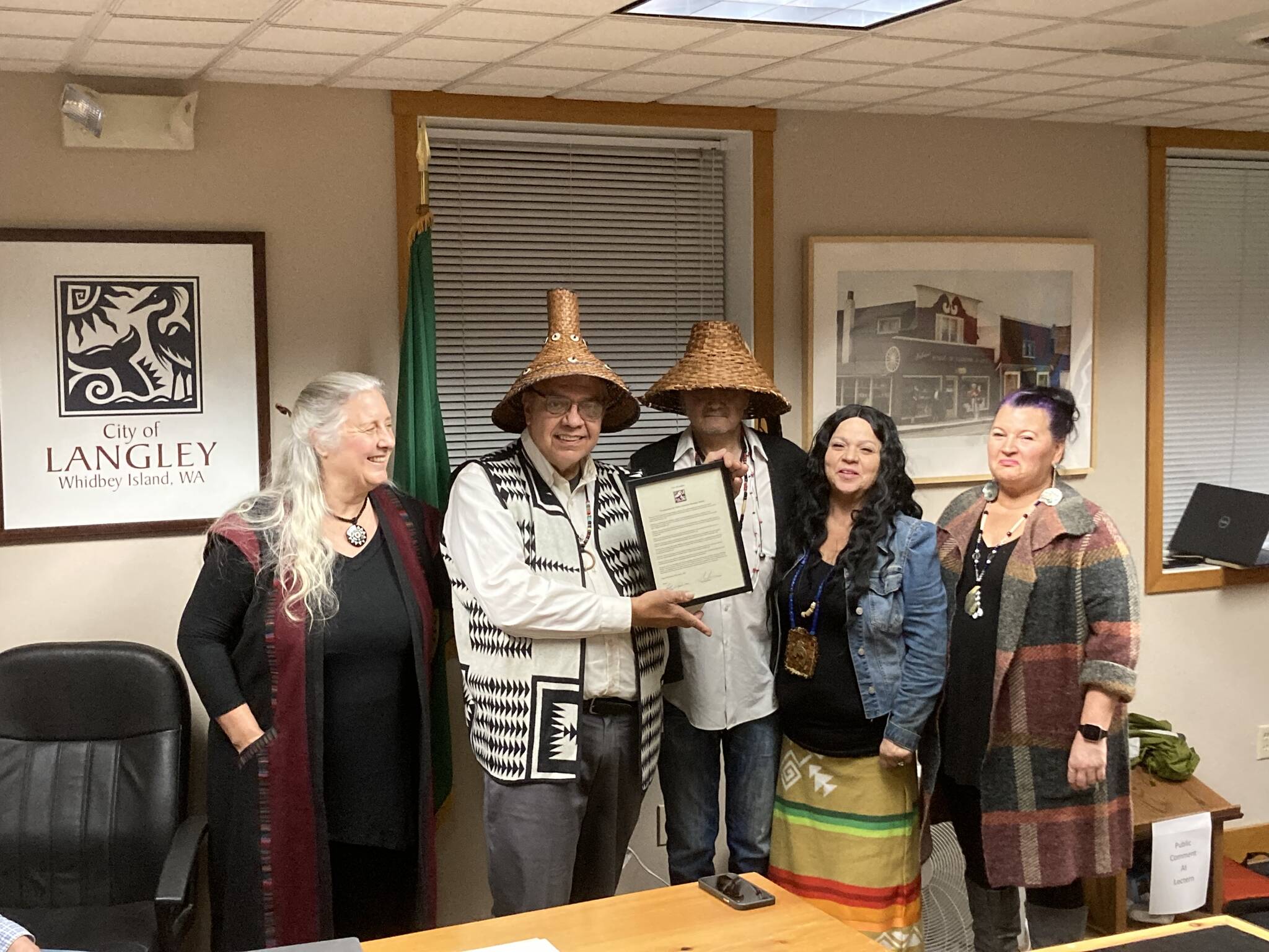 From left, Langley Councilmember Rhonda Salerno, Snohomish Tribe of Indians Chair waqusqideb, Tribal Councilmember Joel Christoe, Tribal Vice Chair Pamela SeaMonster and Tribal Secretary Carly Mathews. (Photo provided)