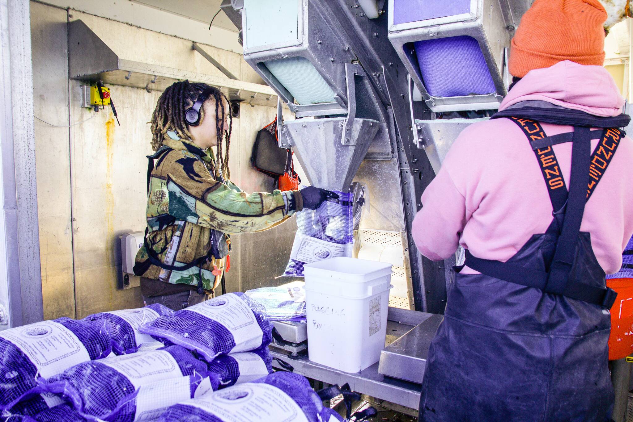 Staff at Penn Cove Shellfish fill bags with mussels before they weigh them. (Photo by Luisa Loi)
