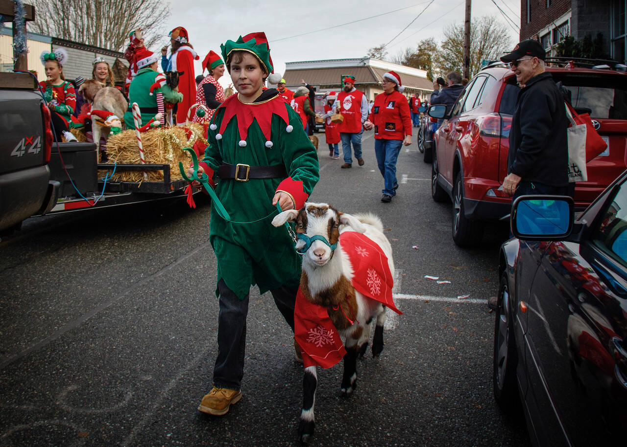 An elf and a goat march in a past Holly Jolly Parade in Langley. (Photo by David Welton)