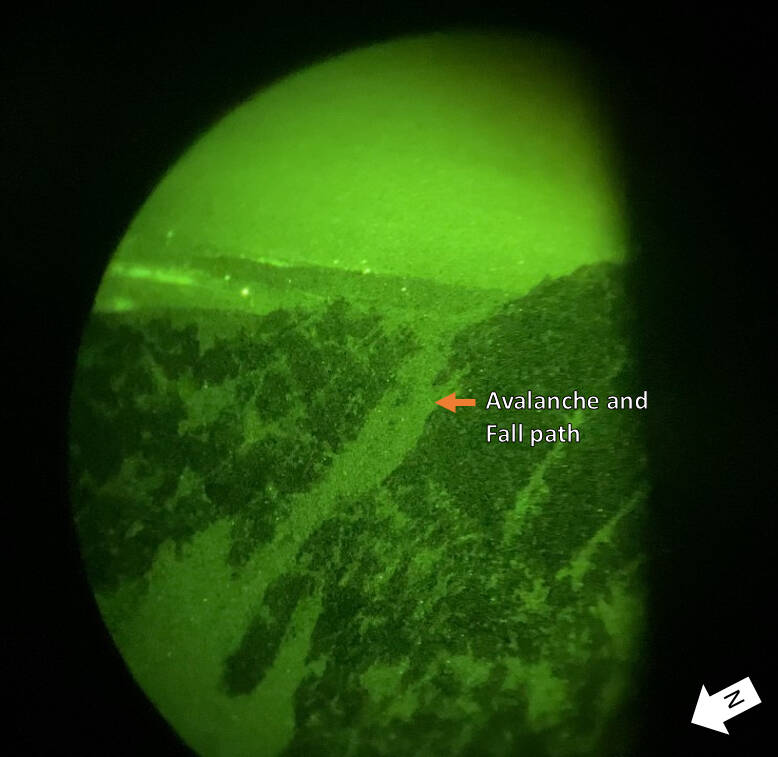A photo taken through night vision device shows the presumed fall path of a hiker from near the top of Mount Ellinor, on Dec. 16. (Courtesy of NAS Whidbey Island SAR)