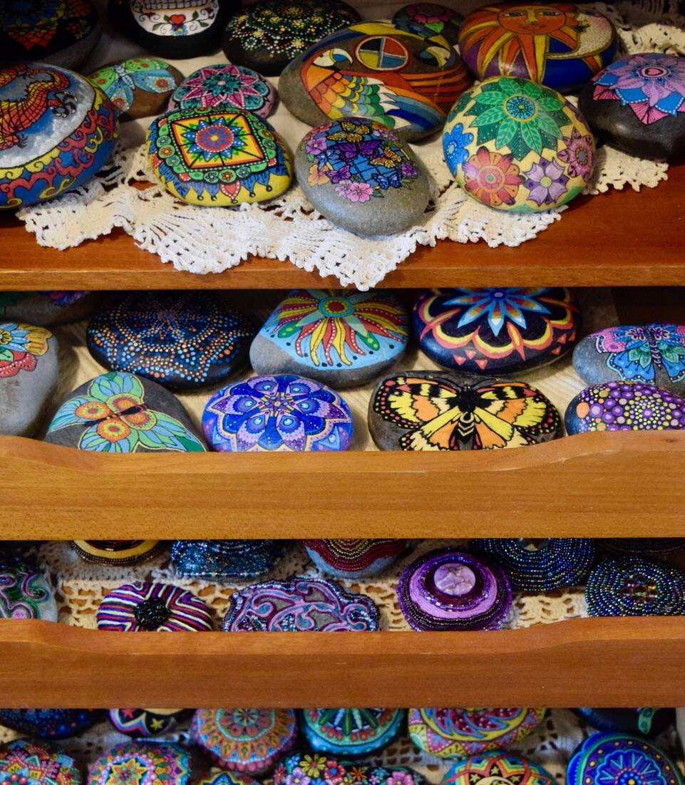 Rocks painted by Leslie Jackson are part of the local crafts for sale at Whidbey Vintage Collective, a new shop in Freeland. (Photo by Patricia Guthrie)