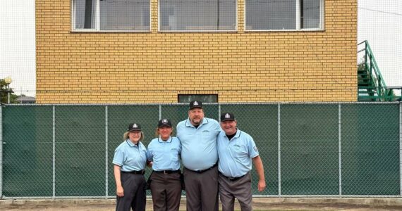 Rita Cline, left, stands with umpires from Italy, Chicago and France who officiated games in Kutno, Poland during the regional tournament of the Little League World Series in July. She has been an umpire for the North Whidbey Little League for the past 26 years. Photo courtesy Rita Cline.