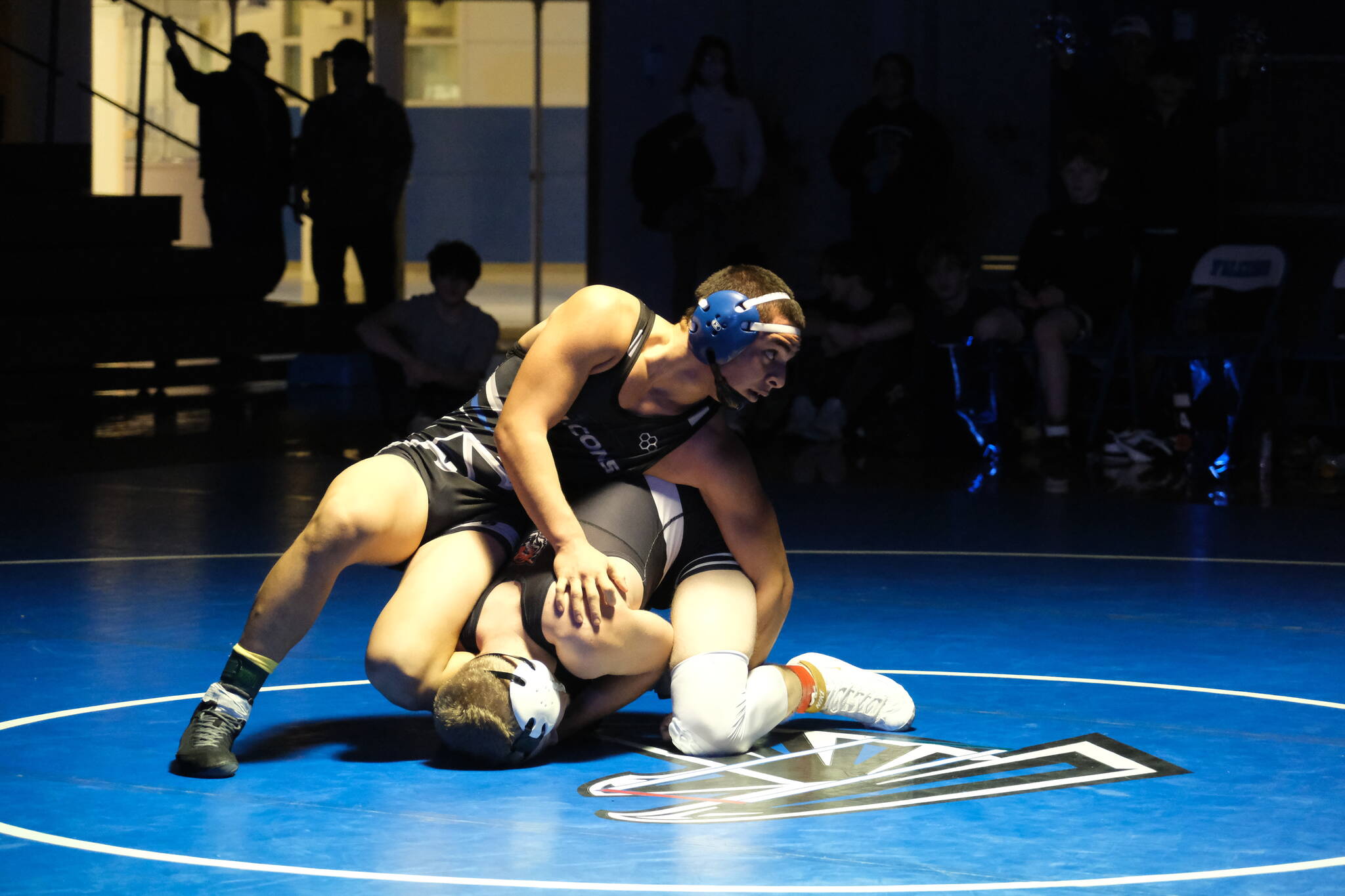 South Whidbey senior Dylan Walker (165 pounds) eventually earned a pin against Granite Falls Thursday. (Photo by Nathan Whalen)
